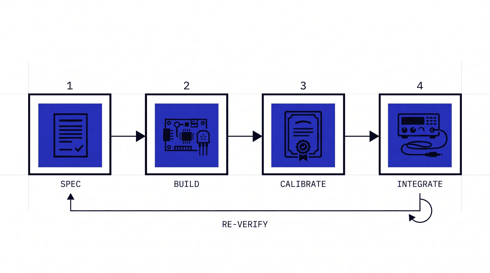 Spec → Build → Calibrate → Integrate → Re-verify